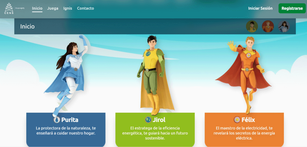 Plataforma Cuidamundos con los personajes Purita, Jirol y Félix